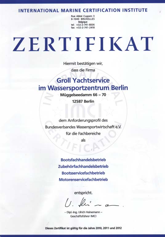 Yachtservice Berlin Zertifikat
